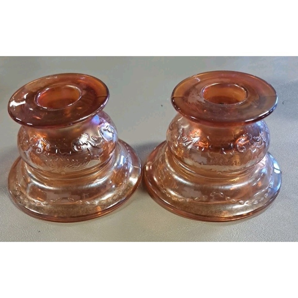 FEDERAL GLASS Iridescent Marigold Carnival Glass MADRID Candlestick Holders Set